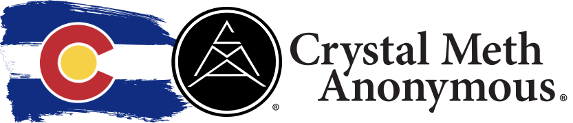 Colorado area crystal meth anonymous banner logo with a blue, yellow, red, and white Colorado flag on the left, a black triangle inside of a circle official CMA logo in the center, and the words crystal meth anonymous in black on the right with a transparent background.