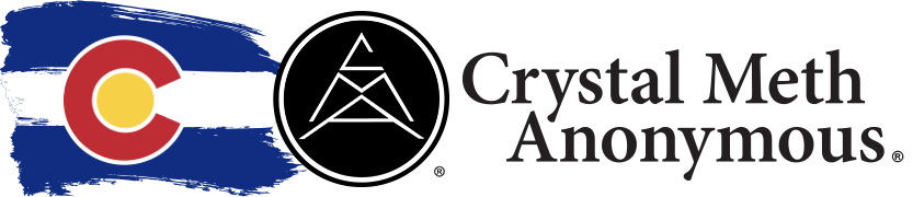 colorado crystal meth anonymous logo, on the left colorado flag, middle circular black cma logo with triangle in the center, on the right text crystal meth anonymous